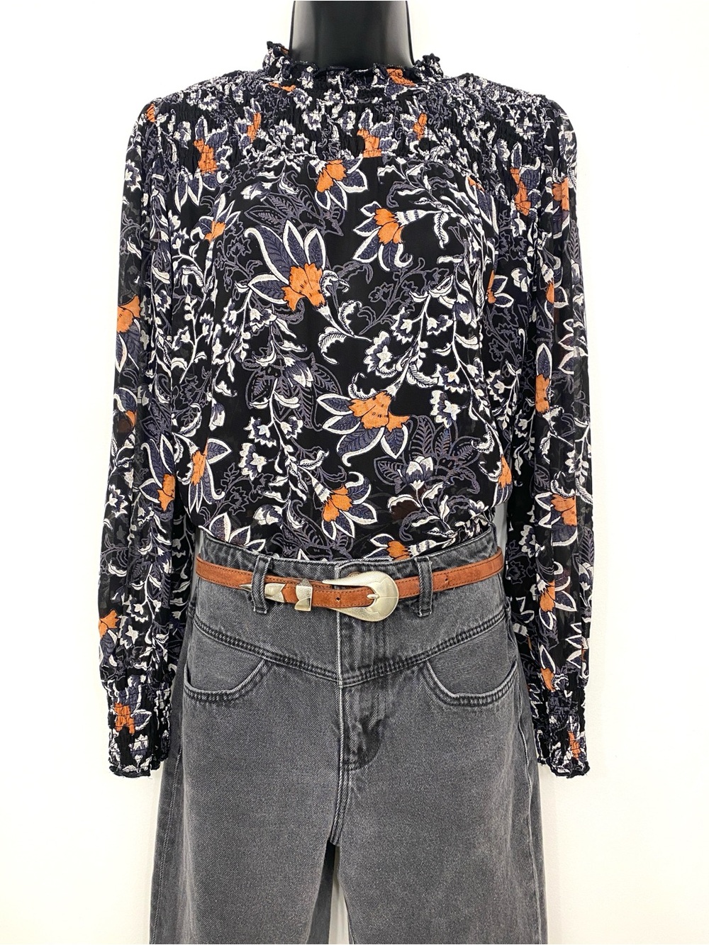 B. Copenhagen Floral Smocked Neck Sheer Blouse Black Burnt Apricot Paisley US M - Picture 1 of 14